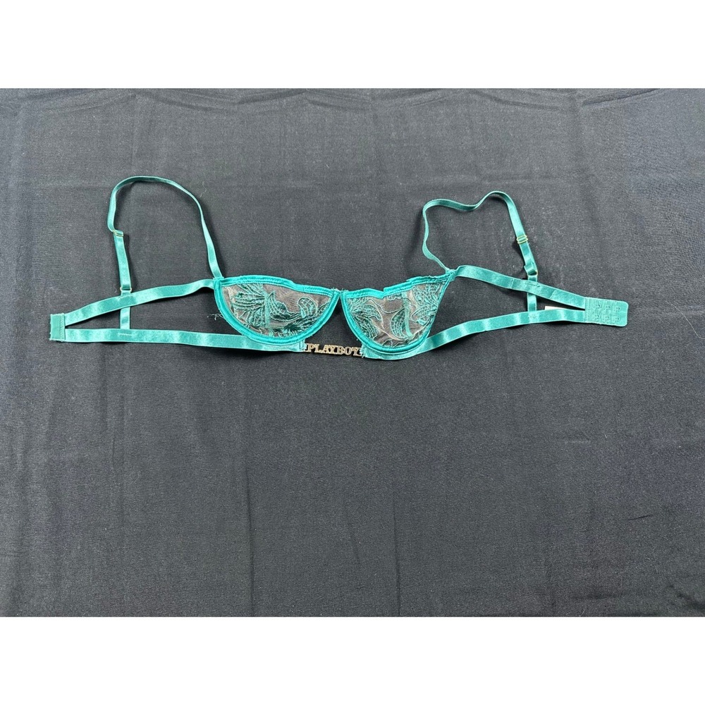 Playboy Teal Green Mesh Embroidered Underwire Bra Gold Logo Charm Womens Small